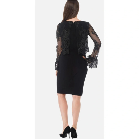 Joseph Ribkoff Dress Midi Floral Lace Overlay Black Size 4 Event Cocktail Sheer - Picture 3 of 14